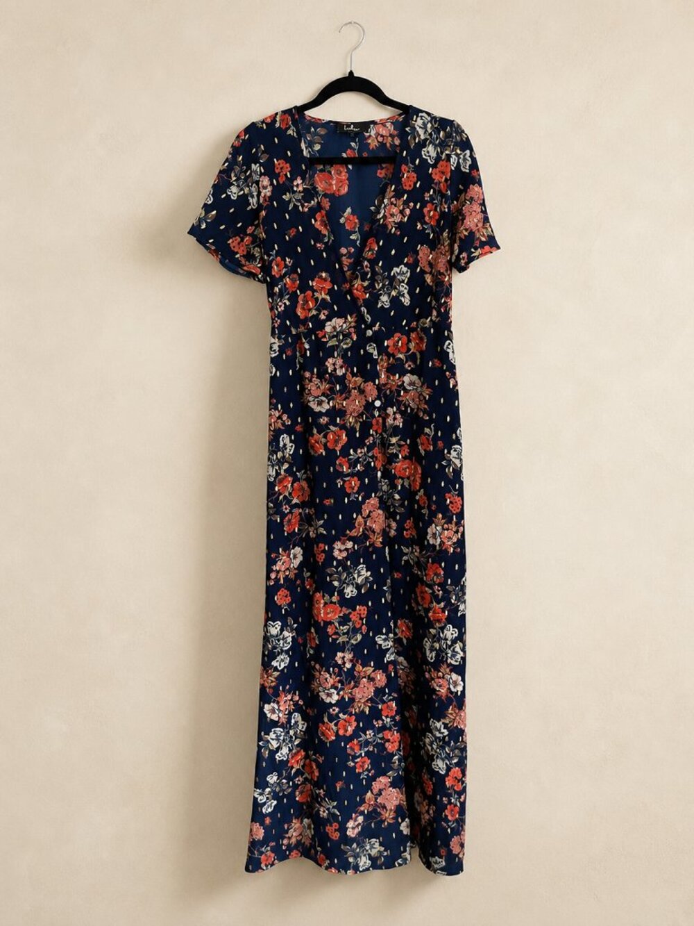 Lulus Divine Days Floral Metallic Gold Wrap Maxi Dress Navy Size S